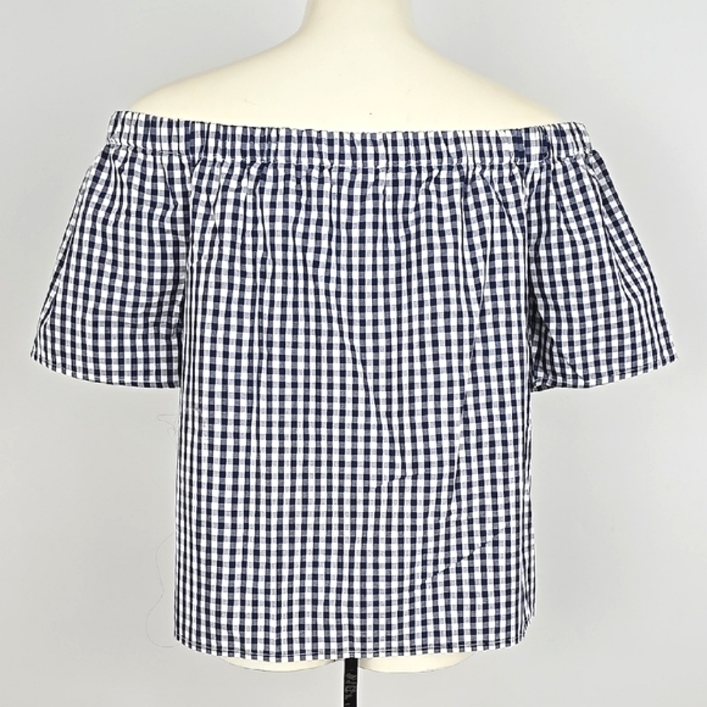 Reitmans Women's Navy White Gingham Mini Checkered Off Shoulder Cotton Top M - Picture 3 of 11